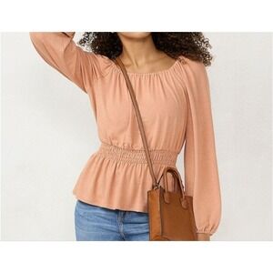 Womens Blouse Top Size XS Blushing Carmel Metallic Peplum Hem Smocked Waist